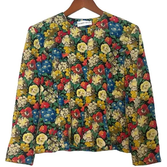 Albert Nipon VTG Womens Silk Colorful Floral Button Front Cropped Blazer Size 8 - Picture 1 of 9